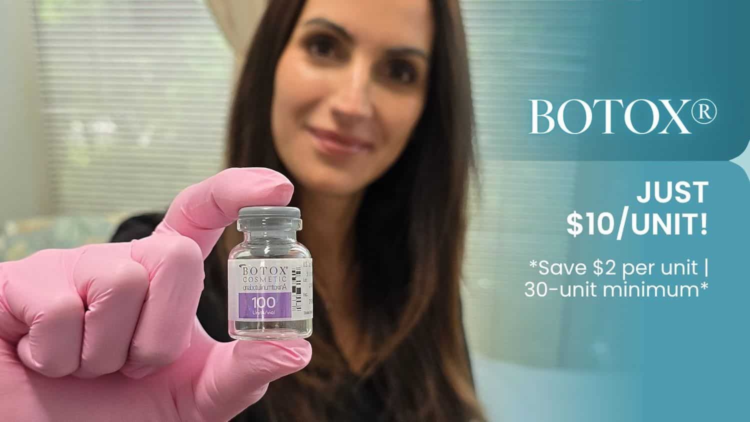 Botox promotion with pricing details and model.