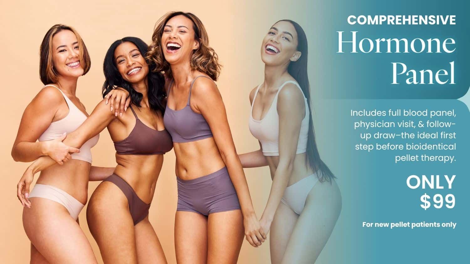 Women smiling, promoting hormone panel service.