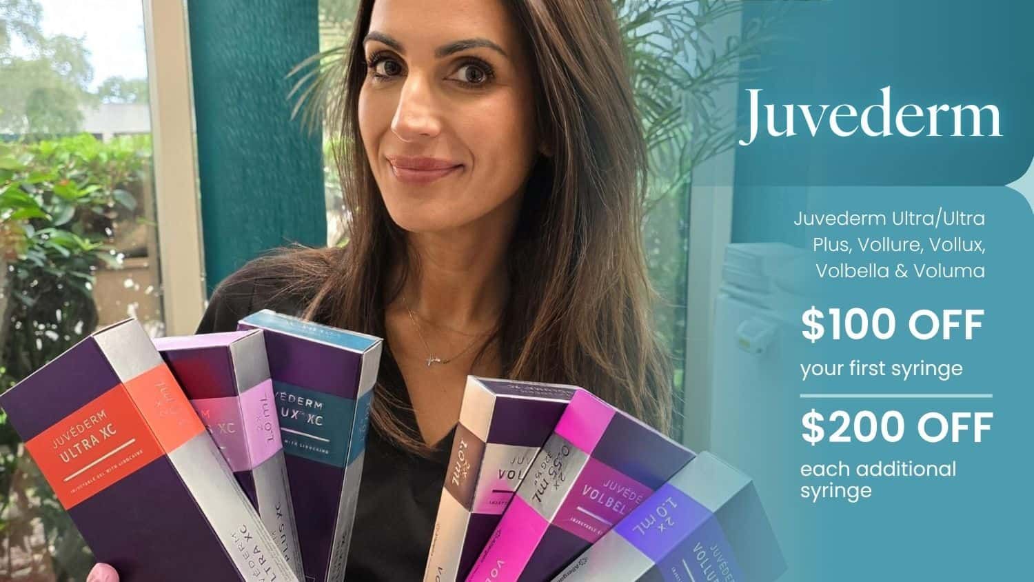 Woman holding Juvederm skincare products with discounts.